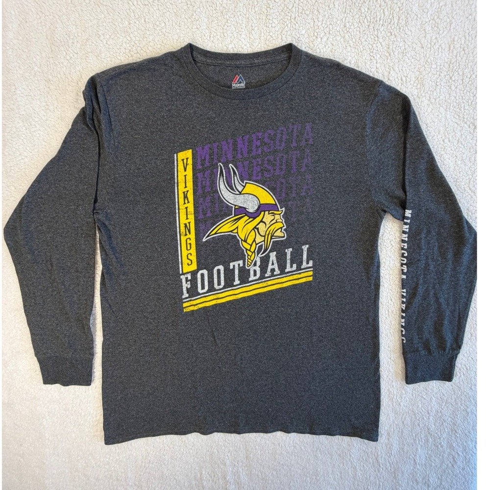 Majestic Minnesota Vikings T-Shirt Mens L Gray Excellent Long Sleeve NFL Graphic
